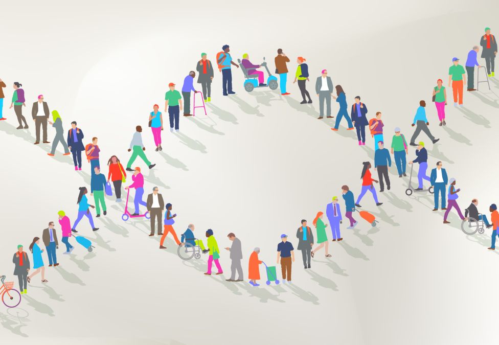 An image leading to an article titled "Bridging Gaps in Clinical Trials" from the Milken Institute. The image shows a white background with a diverse group of cartoon people wearing various colors forming a line that is shaped into a DNA symbol.